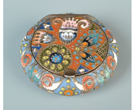 A Faberge silver-gilt and cloisonne enamel pill box of cushion form by work master Fedor Riickert. Decorated in many colours 