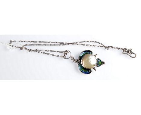 An Arts and Crafts enamelled silver pendant in Newlyn style set a blistered pearl with integral chain. Condition Report: The 