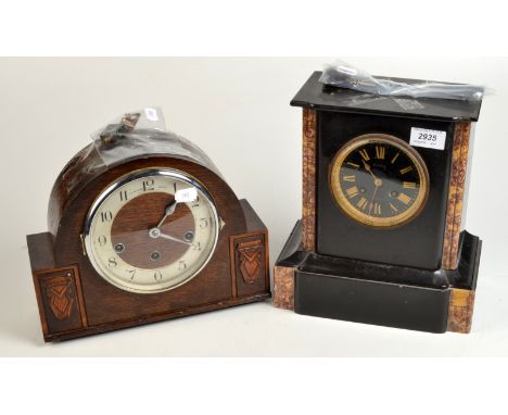 A Victorian mantle clock with a French movement in a slate marble case, together with a 1930's mantle clock with Westminster 