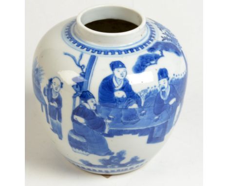 A Chinese blue and white ginger jar with four character Kangxi mark to base, circa 1900, decorated with figures in an interio