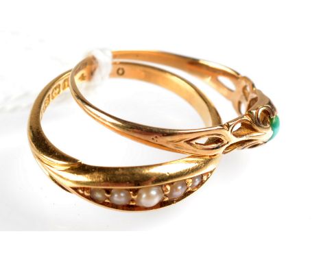 An 18ct. gold pearl set ring and a gold ring set with turquoise.