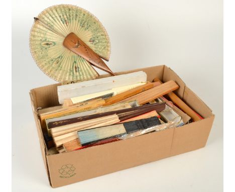 A collection of sixty eight fans including a 19th century Italian 'Ricordo' mirror set and inlaid olive wood fan. 
