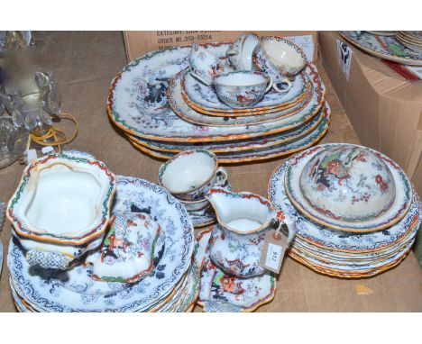 An extensive collection of Ashworth ironstone decorated with a chinoiserie pattern. Much damage.