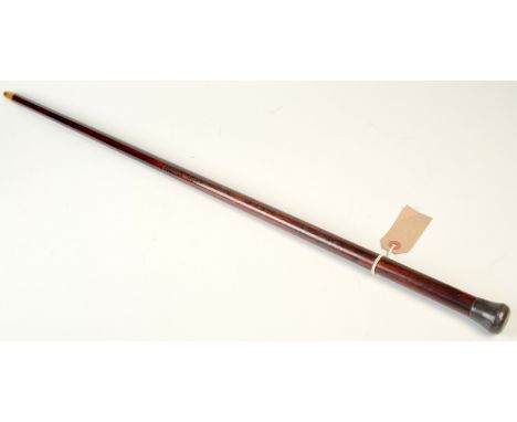 A Chinese 19th century zitan wood walking stick with horn handle and ferrule, the shaft with fine silver line dragon inlay, l