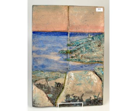 A raku studio pottery tile panel showing the Cornish coast, by Christa Maria Herrmann, 58 x 40cm.