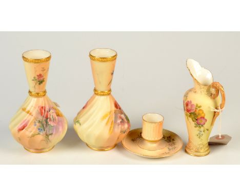 Four pieces of Worcester blush ivory ground floral decorated porcelain. Condition Report: Jug - the spout is broken off and r