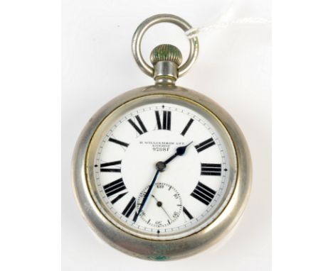 A nickel cased, keyless, military pocket watch, signed 'H. Williamson Ltd. London' number 9708F, broad arrow mark, seven jewe