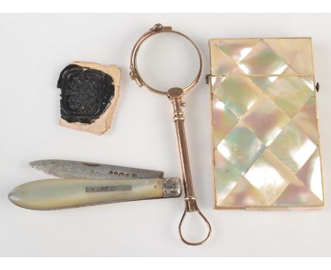A mother of pearl veneered card case, a Victorian silver fruit knife and a pair of gold plated spring mounted lorgnettes. 