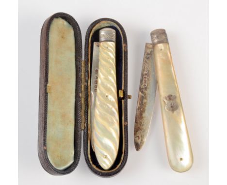 A Victorian silver bladed folding fruit knife with fluted mother of pearl handle and leather covered case together with a sec
