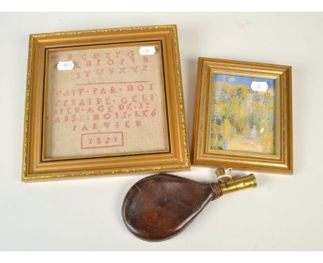 A small alphabet sampler dated 1821, a leather and brass shot flask and a small coloured print. 