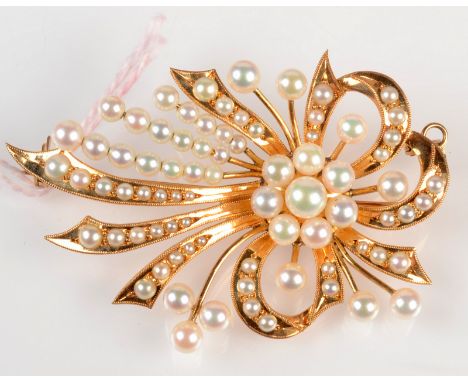 A Japanese gold cultured pearl set spray brooch, with receipt, dated 1964 in the sum of 22,500 Yen. 