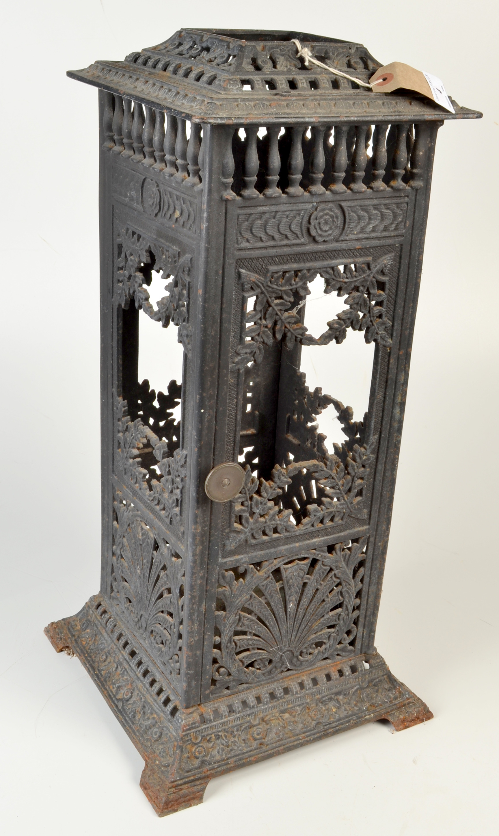 A Victorian square, cast iron conservatory heater with burner, registration no. 215311, height 62