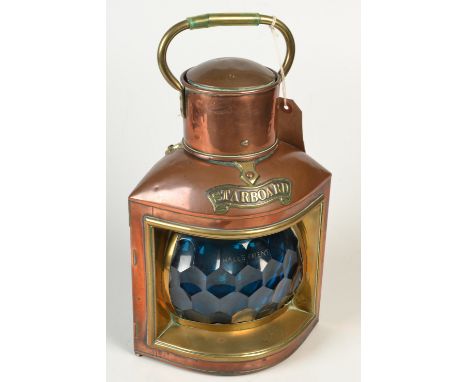 A ship's copper and brass 'Starboard' navigation lamp with burner and reflector and with Hall's patent blue glass prismatic l