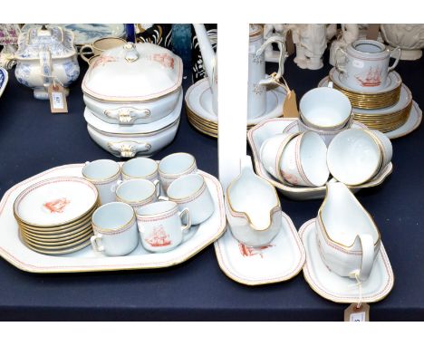 An extensive Spode 'Trade Winds Red' pattern service including a pair of lidded entree dishes, six soup plates, nine 20cm pla