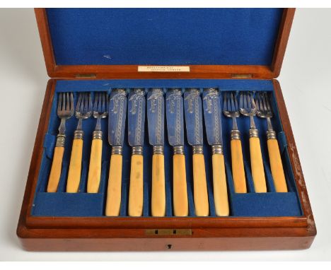 A set of twelve engraved fish knives and forks by Benetfink & Co. Cheapside, London in a mahogany canteen. (One fork a replac