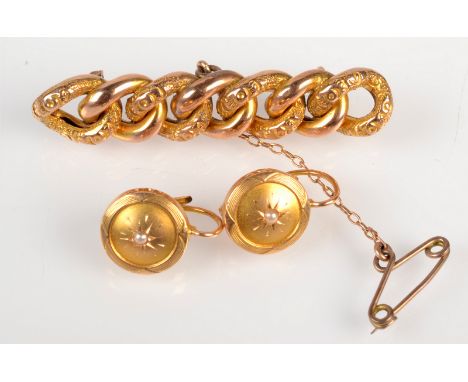 A pair of 18ct. gold disc earrings, each with a central pearl, together with a chased link bar brooch. 
