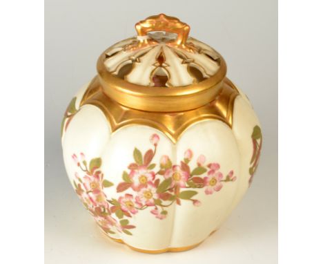 A late 19th century Royal Worcester porcelain pot pourri jar with pierced cover and original inner lid, shape 1313. The ivory