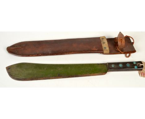 A WWII ex-WD machete with its original leather sheath, the blade marked J.J.B. 1945, the sheath impressed B.H. & G. 1941 and 