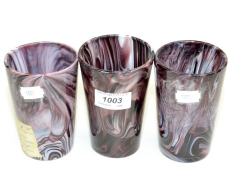 Two Victorian George Davidson amethyst pressed malachite glass tumblers and one other similar tumbler, unmarked. 