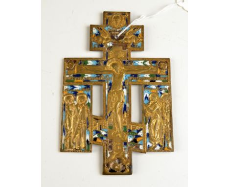 An 19th century Russian champleve enamel icon depicting the central crucifix, height 17.5cm, width 111.5cm.