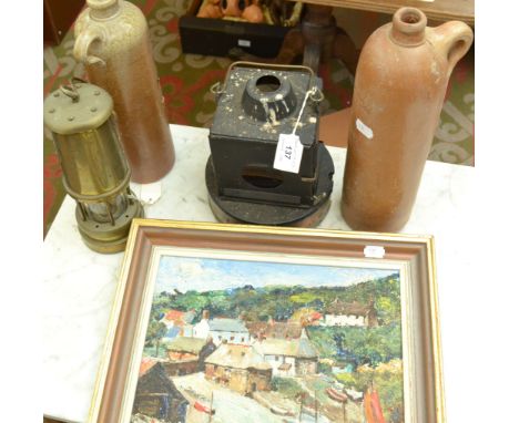 A miners brass lamp by The Lamp & Limelight Company Hockley, presentation inscribed from Marine Lodge N.U.M. and a railway la