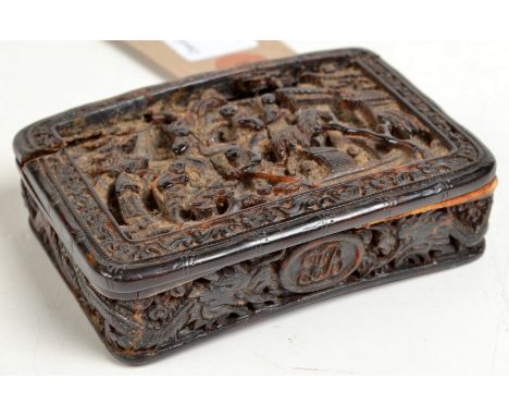 A Chinese 19th century tortoiseshell snuff box carved with figures, trees, pagodas and initialled to the front, height 2cm, w