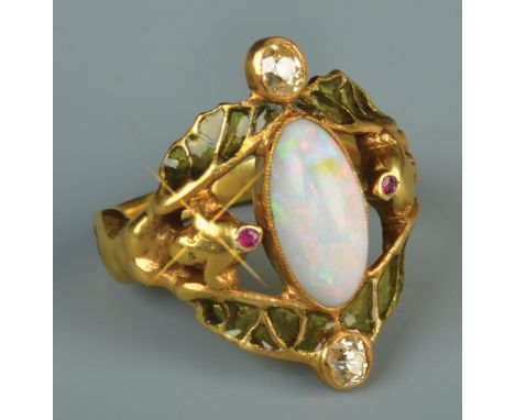 A French Art Nouveau plique-a-jour ring with naked female shank, the raised enamel wings supporting diamonds and an opal. Opa