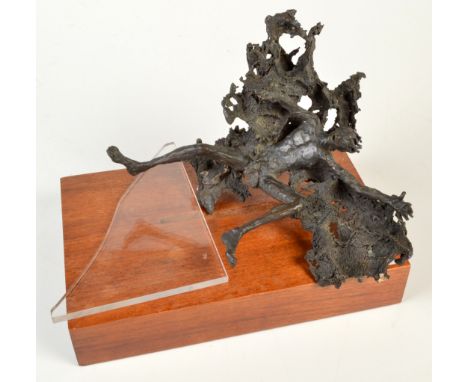 A bronze sculpture of Icarus falling, signed Ervine on a perspex and hardwood stand, full height 42cm.