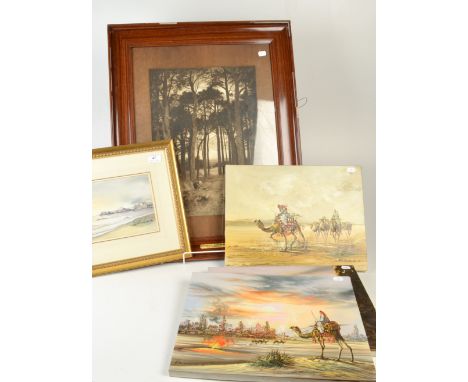 Two oils on canvas by Kim Seung BAE of Arabian scenes including an oil refinery, one other work by the same artist, a waterco