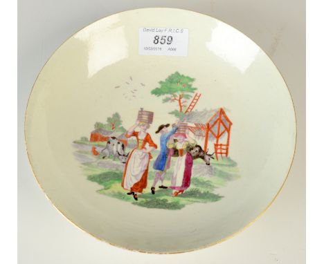 A late 18th century Worcester dish with 'The Milkmaid' pattern printed and coloured, diameter 19cm. Ex-Barrett Collection lab