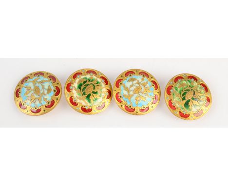 Four French buttons in gilt brass, decorated with champleve enamel, makers mark E.M. Paris, diameter 3.1cm.  