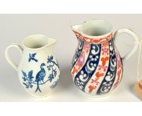 A Worcester Queen Charlotte pattern jug and a Worcester sparrow beak jug, blue printed with birds. Each damaged.  Condition R