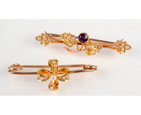 Two high purity pearl set bar brooches, one includes an amethyst. 