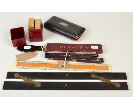 An early 20th century Gillette 'Safety Razor Blade Stropper' and Army Strop, a parallel rule, a Patience card game guide date