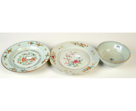 Two Chinese 18th century floral enamel export plates and one other piece. Condition Report: Damage. Restored.