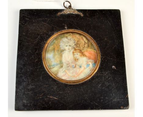 An 18th century miniature portrait of a mother and daughter in a landscape after Reynolds, diameter 10cm.  Condition Report: 