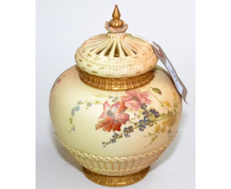 A Royal Worcester late Victorian blush ivory ground potpourri vase, shape 1286, the body basket moulded and with gilt highlig