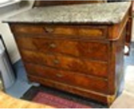 A Continental 19th Century marble topped walnut commode, fitted with four drawers with a secret plinth drawer below, canted c