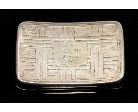 A George III silver snuff box, engraved basket weave decoration and later inscription dated 1904, by Samuel Pemberton, 1.36 o