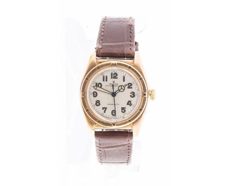 Rolex- a junior 9ct gold Oyster Perpetual Chronometer mid century wristwatch, round silvered dial, approx. 24mm, painted Arab
