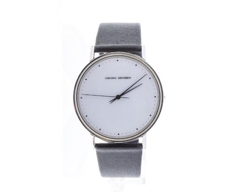 Henning Koppel for Georg Jensen - a stainless steel wristwatch, design 318, pale grey 35mm dial with black dot indicators, bl