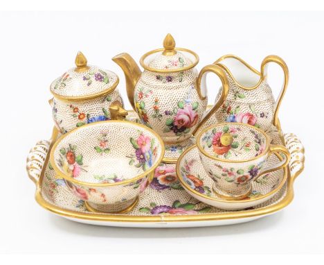 A 19th century Spode miniature cabaret set, comprising teapot, milk jug, cup and saucer, sucrier and cover, and slop bowl, on