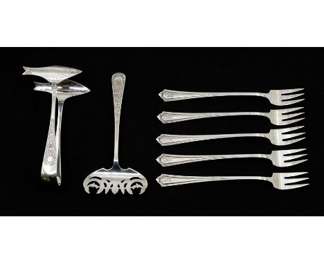 A collection of silver to include: a set of five early 20th Century American silver pickle forks, by Gorham Co., stamped STER