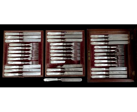 A matched Victorian silver plate and mother-of-pearl mounted set of eighteen fruit knives and forks (1 fork missing), the maj