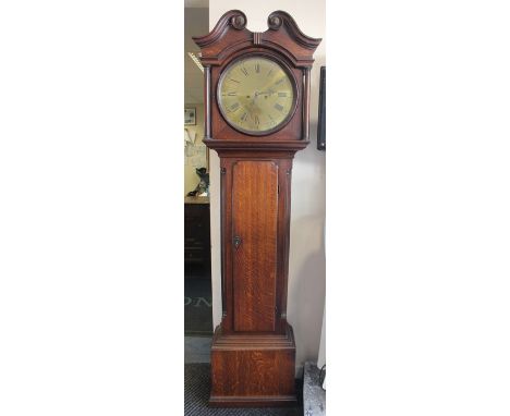 A George III Whitehurst of Derby oak eight day longcase clock, circa 1770, the hood with a swan neck pediment, the door with 