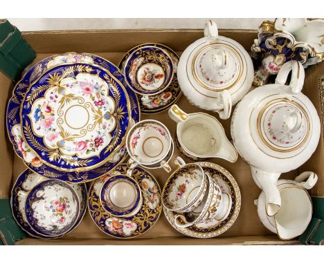 A collection of 19th Century porcelain, probably Coalport to include: a pair of soup plates, cobalt border with floral vignet