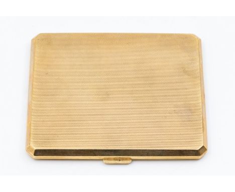 A 9ct yellow gold cigarette case, comprising rectangular form with engine-turned decoration and with chamfered corners, engra