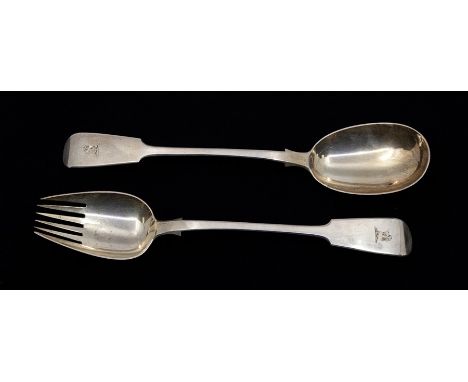 A Victorian silver fiddle pattern large serving fork and spoon, both engraved with a crest, by George Adams, London, 1848, ap