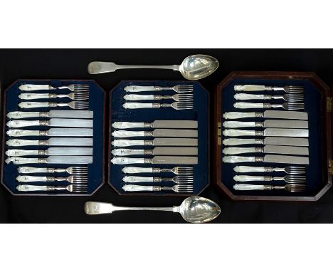 A set of eighteen Victorian silver plate and mother-of-pearl mounted fruit knives and forks, (1 fork missing) 24 handles with