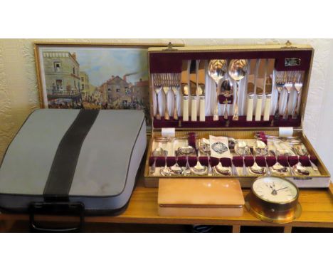 Sundry lot Inc. vintage cased typewriter, canteen of cutlery, storage box, etc

all used and unchecked 